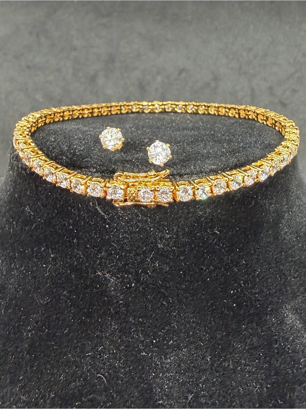 Gold Tone Tennis Bracelet Clear Round Moissanite & Matching Stud Earrings
